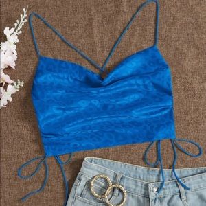 Leopard Jacquard Drawstring Side Crisscross Crop Cami Top